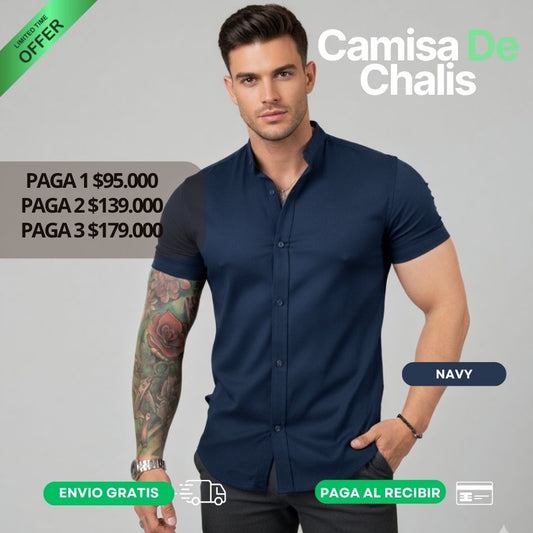 Camisa de Chalís, Slim Fit - Cuello Nerú, Manga Corta