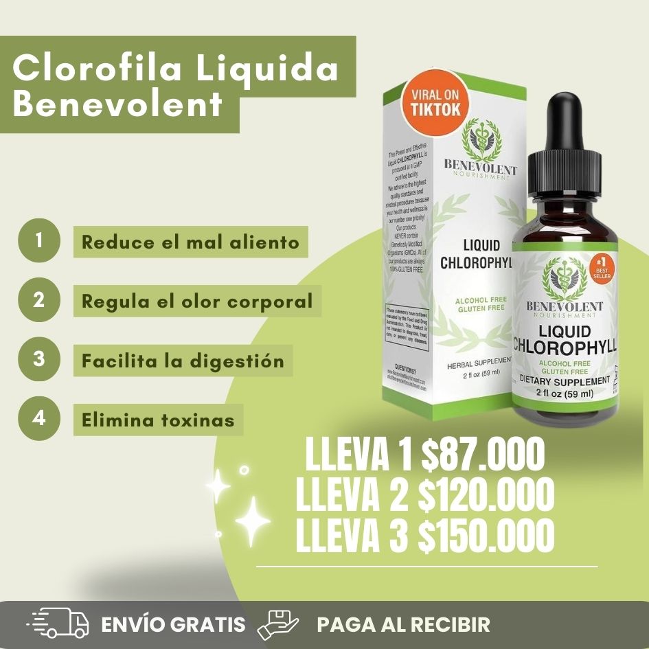 Clorofila Líquida Benevolent - Mejora el olor corporal boca y axilas, facilita la digestión y limpia la sangre