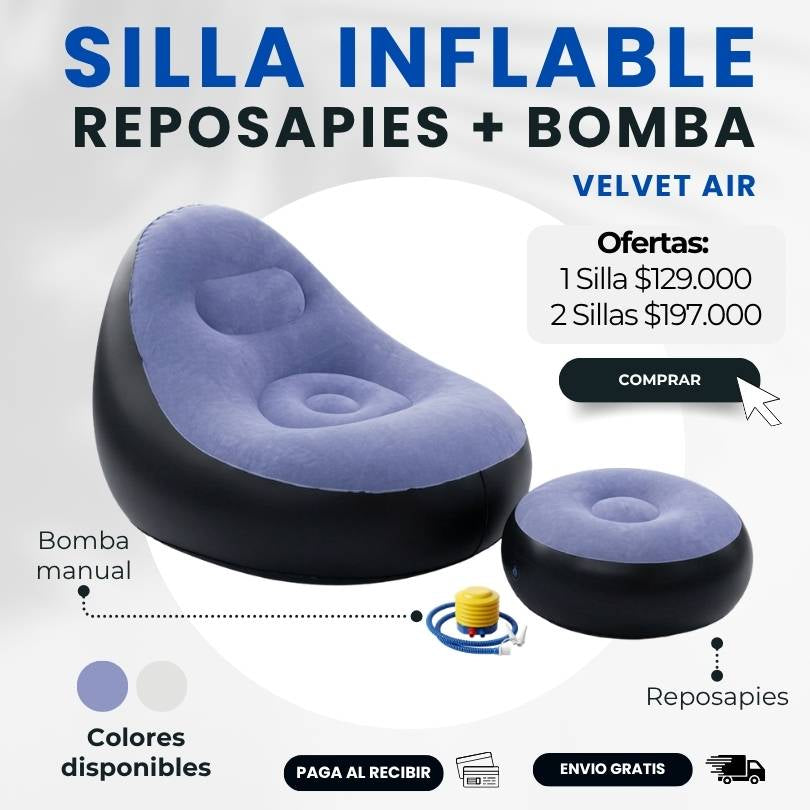SILLA INFLABLE + REPOSAPIES + BOMBA VELVET AIR