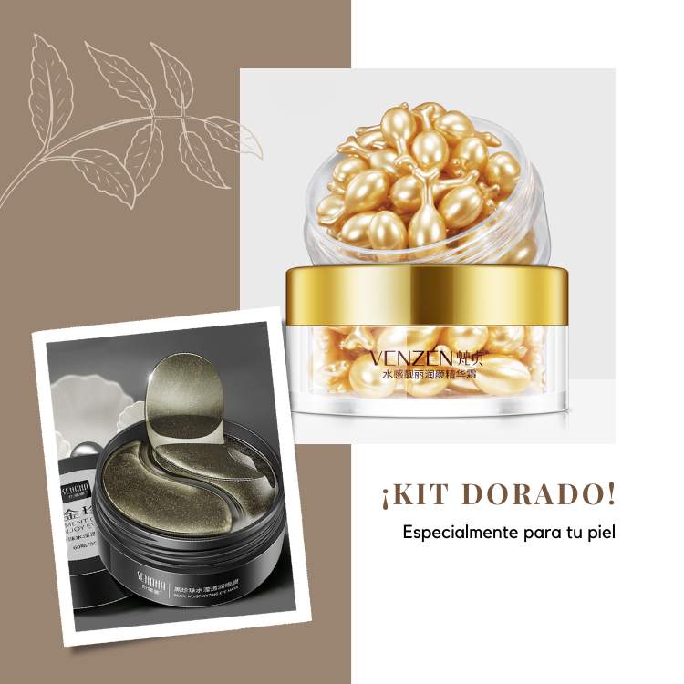 KIT DORADO CAPSULAS DE SUERO FACIAL Y PARCHES PARA OJO HINCHAZÓN DE OJERAS